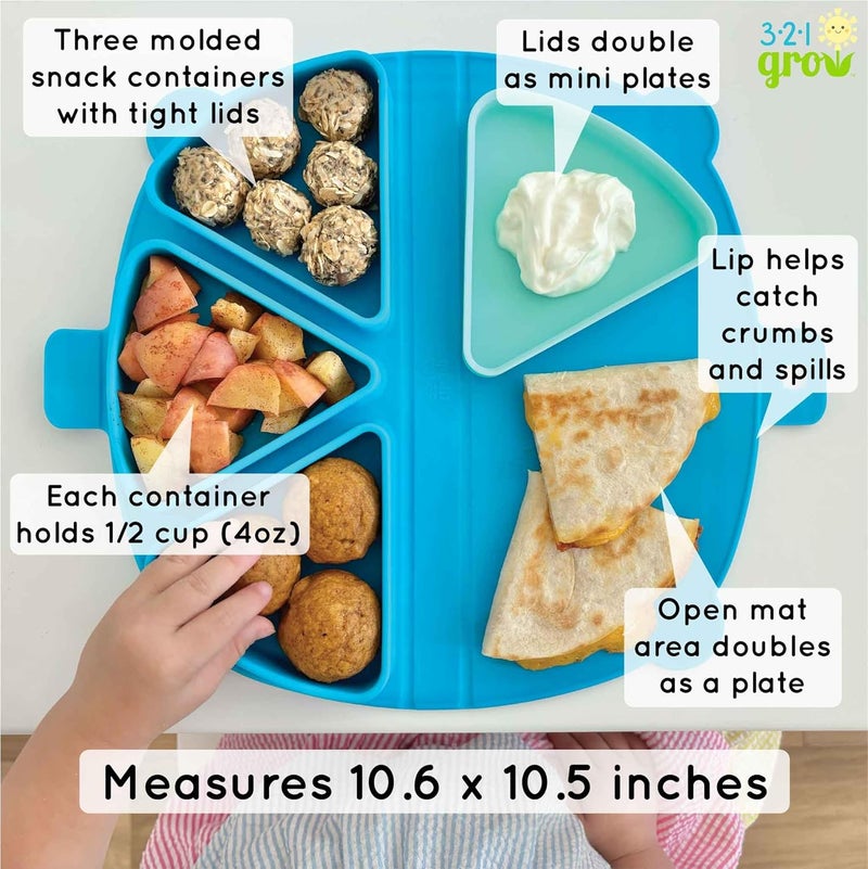 321 Grow Silicone On-The-Go Snack Mat – Foldable Reusable Placemat with 3 Compartments and Lids – Travel-Friendly Baby and Toddler Snack Plate – Dishwasher Safe (Ocean) - Image 3